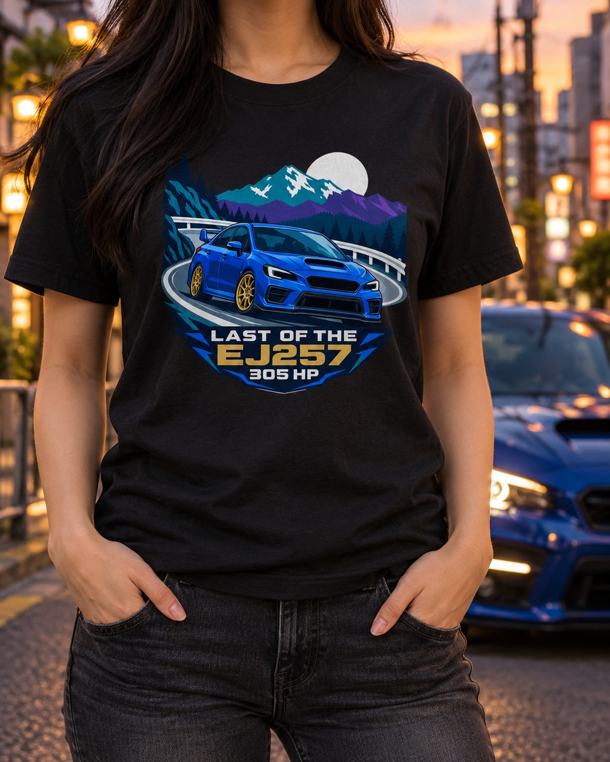 Subaru WRX STI VAB Minimal Vector Shirt, Last of the EJ257 T-Shirt Black worn hero