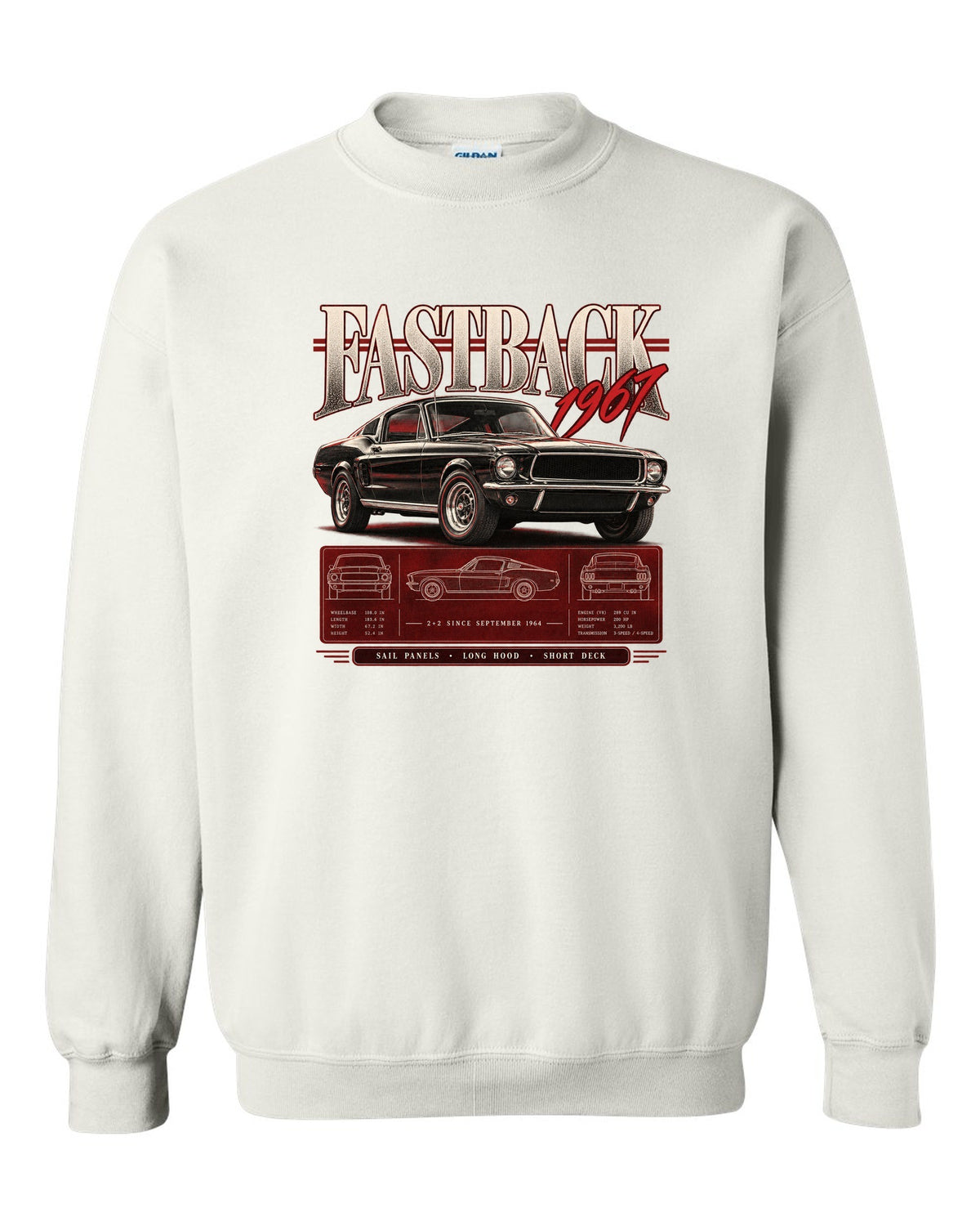 Archive panel illustration of a 1967 Ford Mustang fastback 2+2 with sail panel callouts white crewneck front view with the design