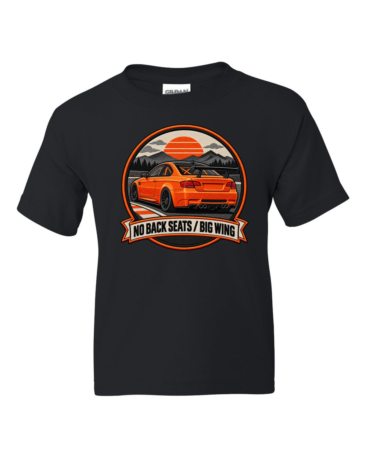 BMW E92 M3 GTS crest print with no back seats big wing text black kids tee front view with the design
