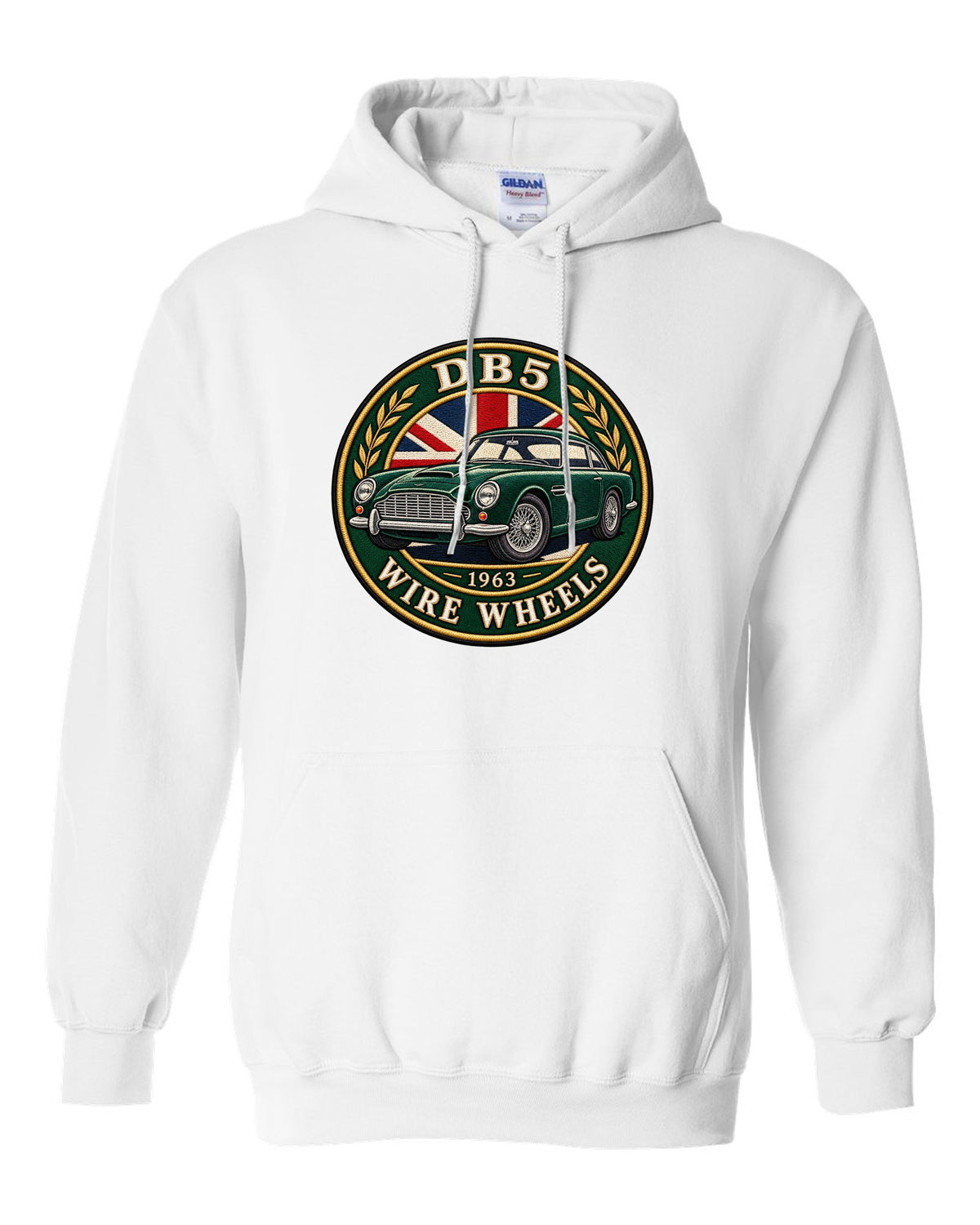 Aston Martin DB5 varsity crest with DB5 1963 WIRE WHEELS lettering white pull over hoodie front view with the design