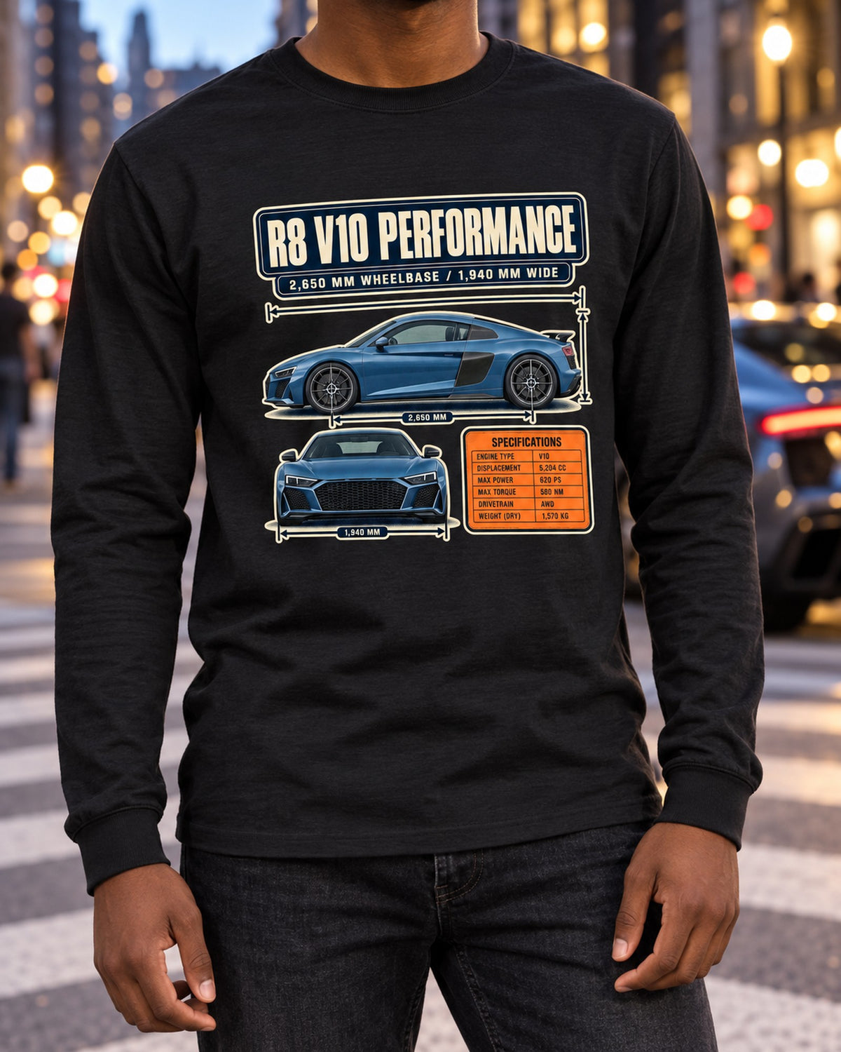 Audi R8 V10 Performance Dimension Blueprint Tee, Type 4S Car Shirt Long Sleeve Black worn hero