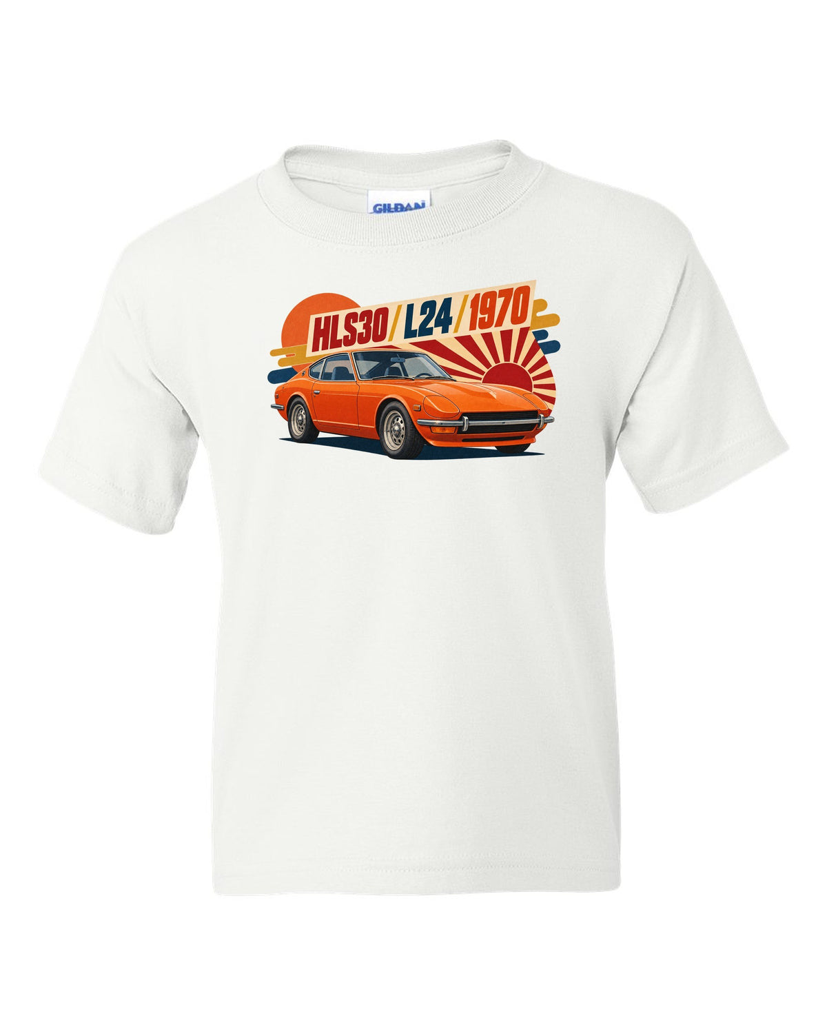 Retro Japanese showa catalogue ad of a 1970 Datsun 240Z HLS30 with L24 lettering white kids tee front view with the design