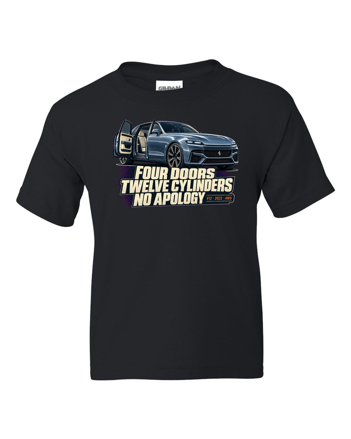 Editorial headline print of the Ferrari Purosangue on a tee black kids tee front view with the design