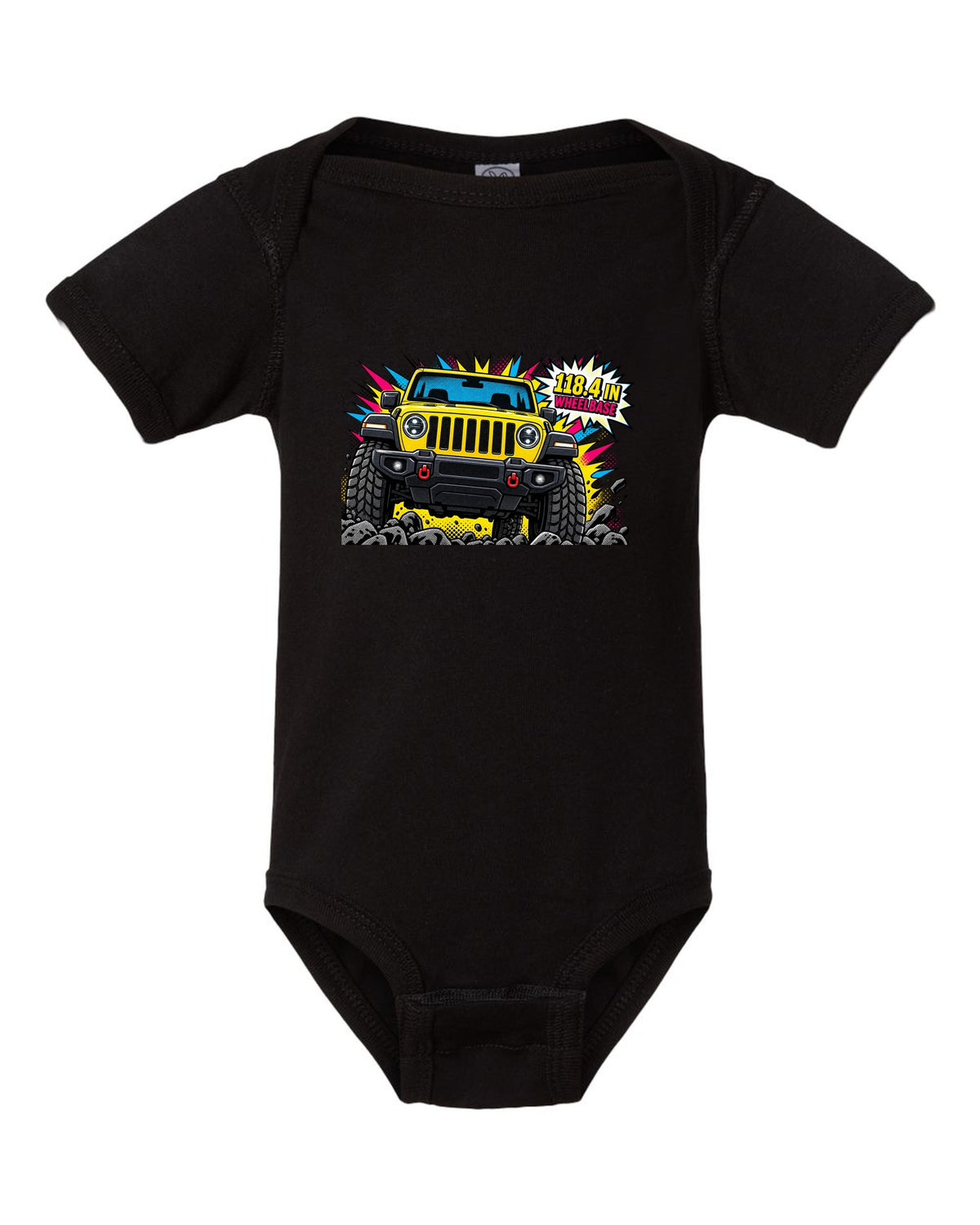 Jeep Wrangler JLU grille and headlight comic halftone pop art with 118.4 in wheelbase text black baby onesie front view with the design