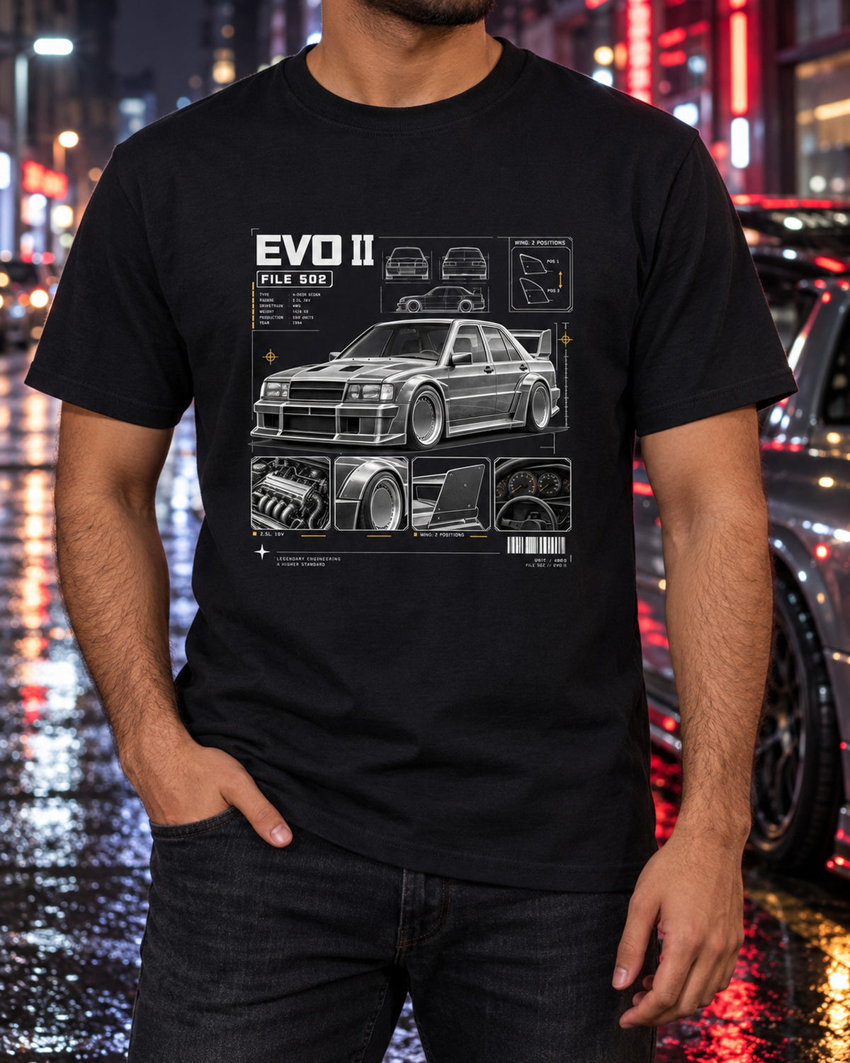 190E Evolution II W201 Dossier Panels Car Shirt, 2.5L 16V T-Shirt Black worn hero
