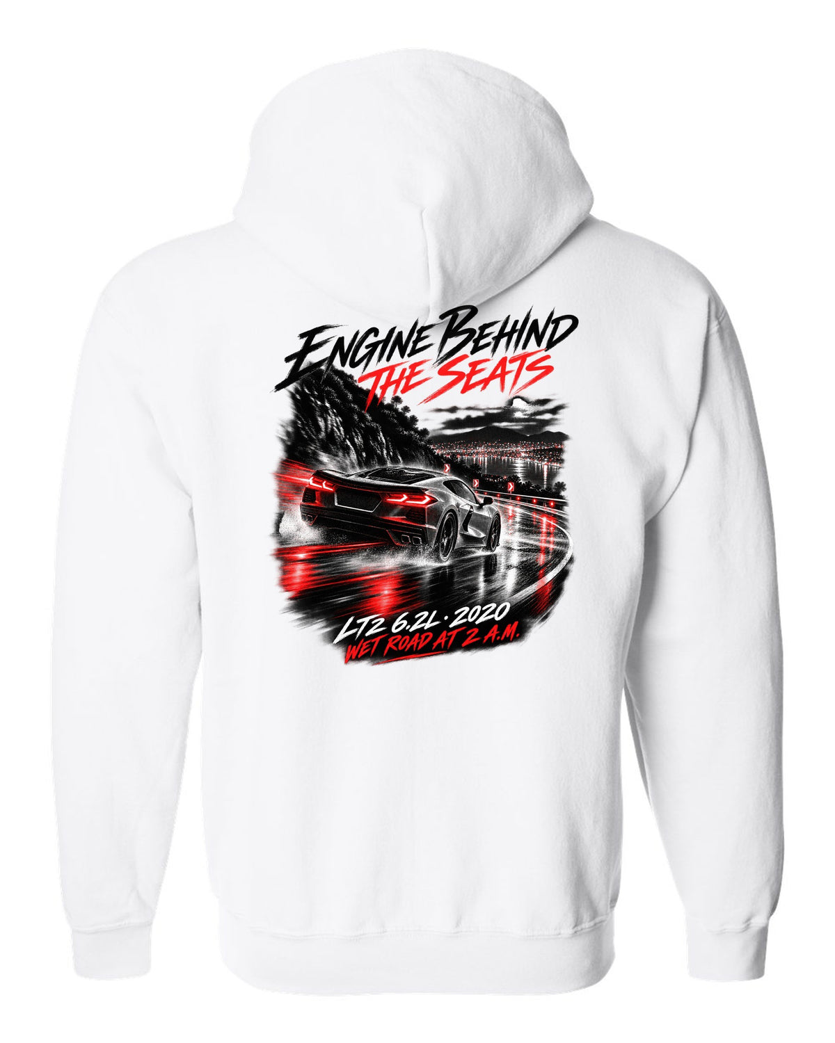 Corvette C8 Stingray driving on a wet road at night white zip hoodie back view with the design