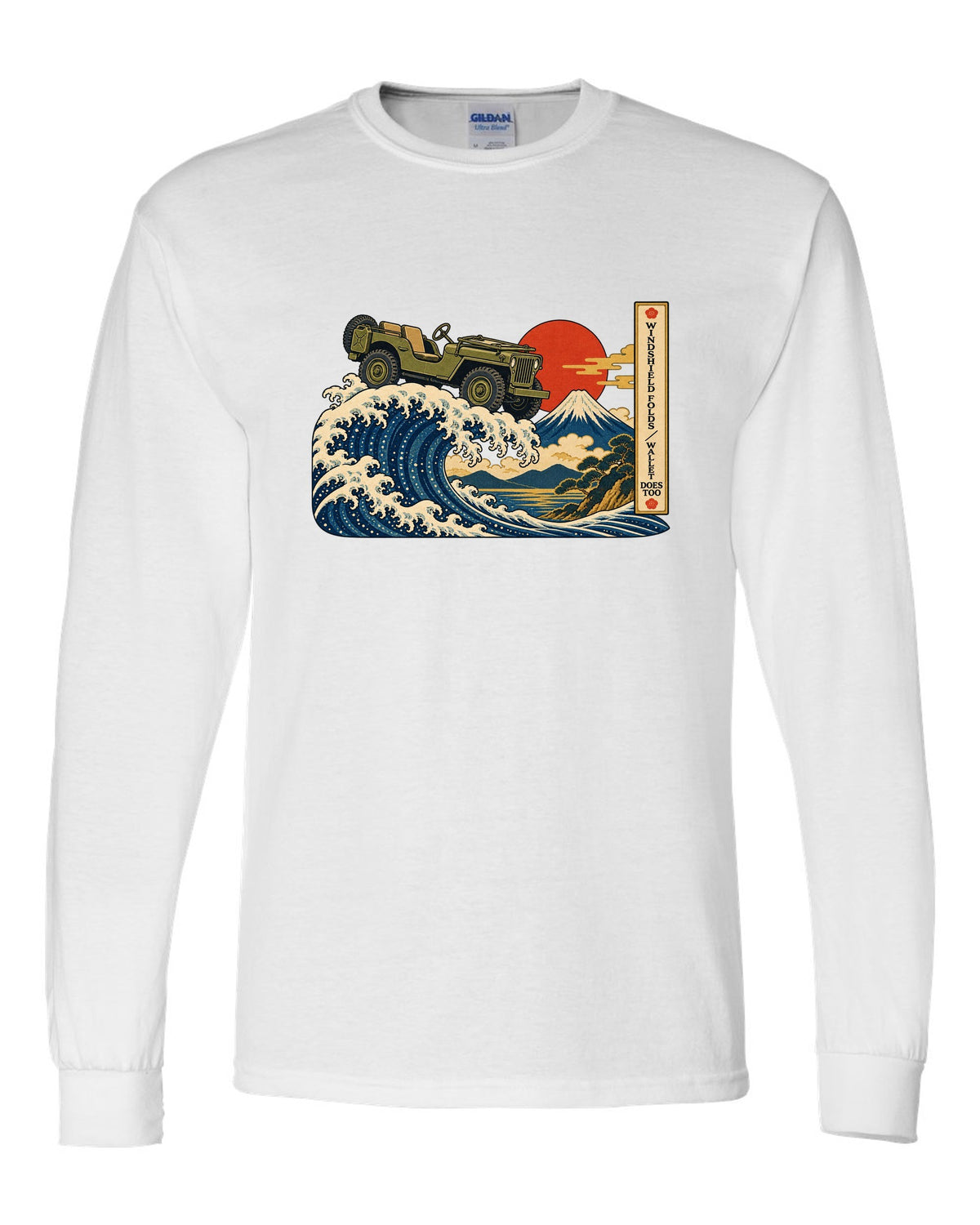 Ukiyo-e woodblock great wave print of a Willys MB with windshield joke text white long sleeve front view with the design