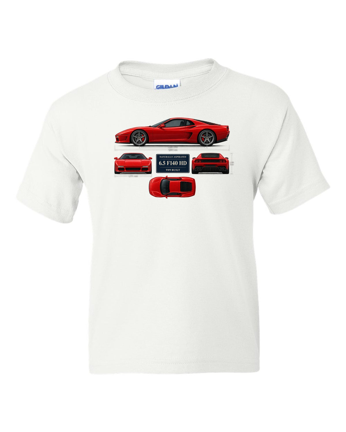 Ferrari 812 Competizione dimension blueprint print with 6.5 F140 HD, 999 built white kids tee front view with the design