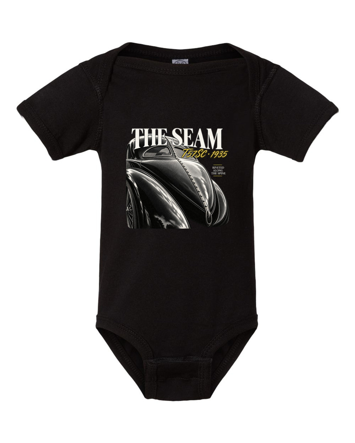 Close macro print of the riveted dorsal seam on a 1935 Bugatti Type 57SC Atlantic black baby onesie front view with the design