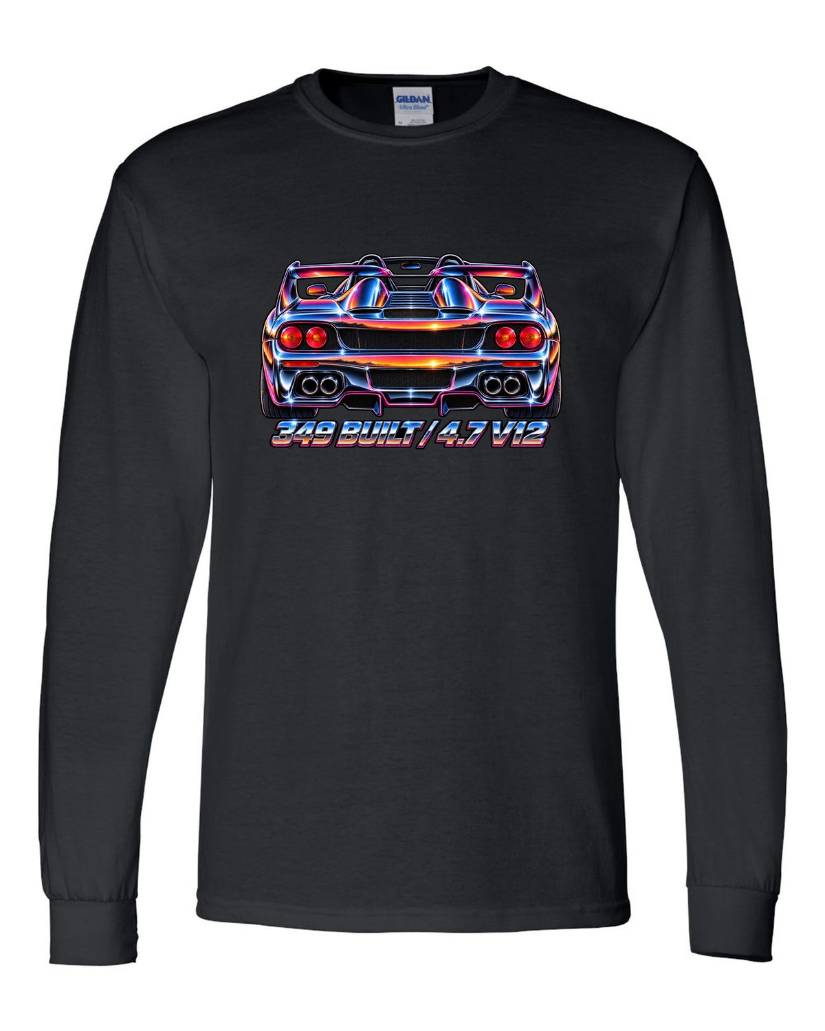 1980s airbrush chrome rear view print of a 1995 Ferrari F50 F130 with 349 built and 4.7 V12 text black long sleeve front view with the design
