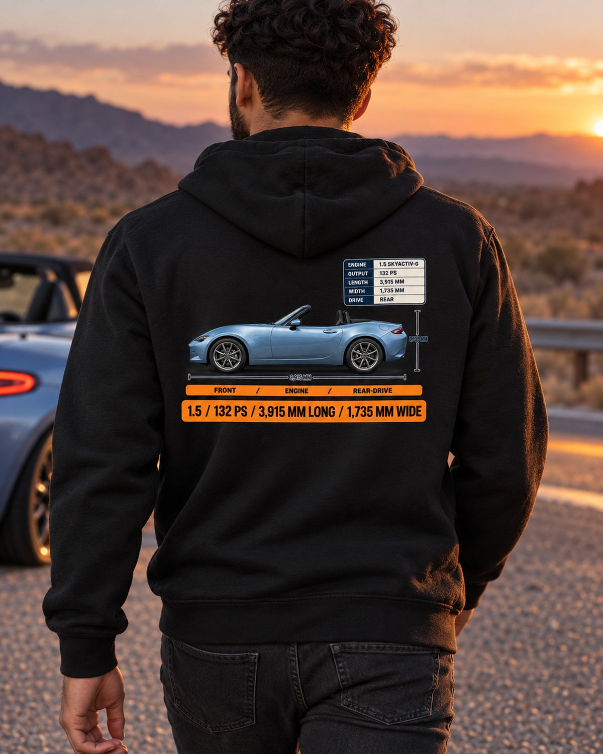 Mazda MX-5 ND 1.5 SKYACTIV-G 132 PS Spec Poster Tee Zip Hoodie Black worn hero