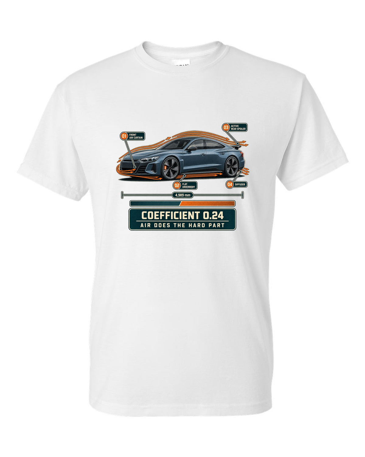 Audi RS e-tron GT aero callouts with airflow diagram print design white t-shirt front view with the design