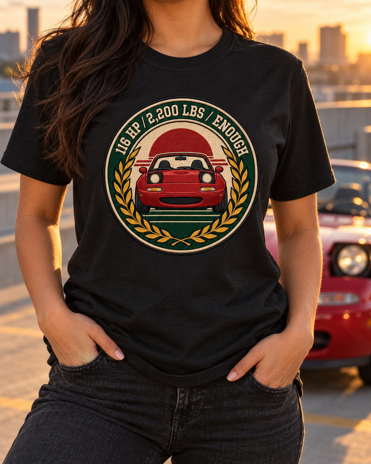 Mazda MX-5 NA6C Varsity Crest Shirt, Miata Owner Gift T-Shirt Black worn hero