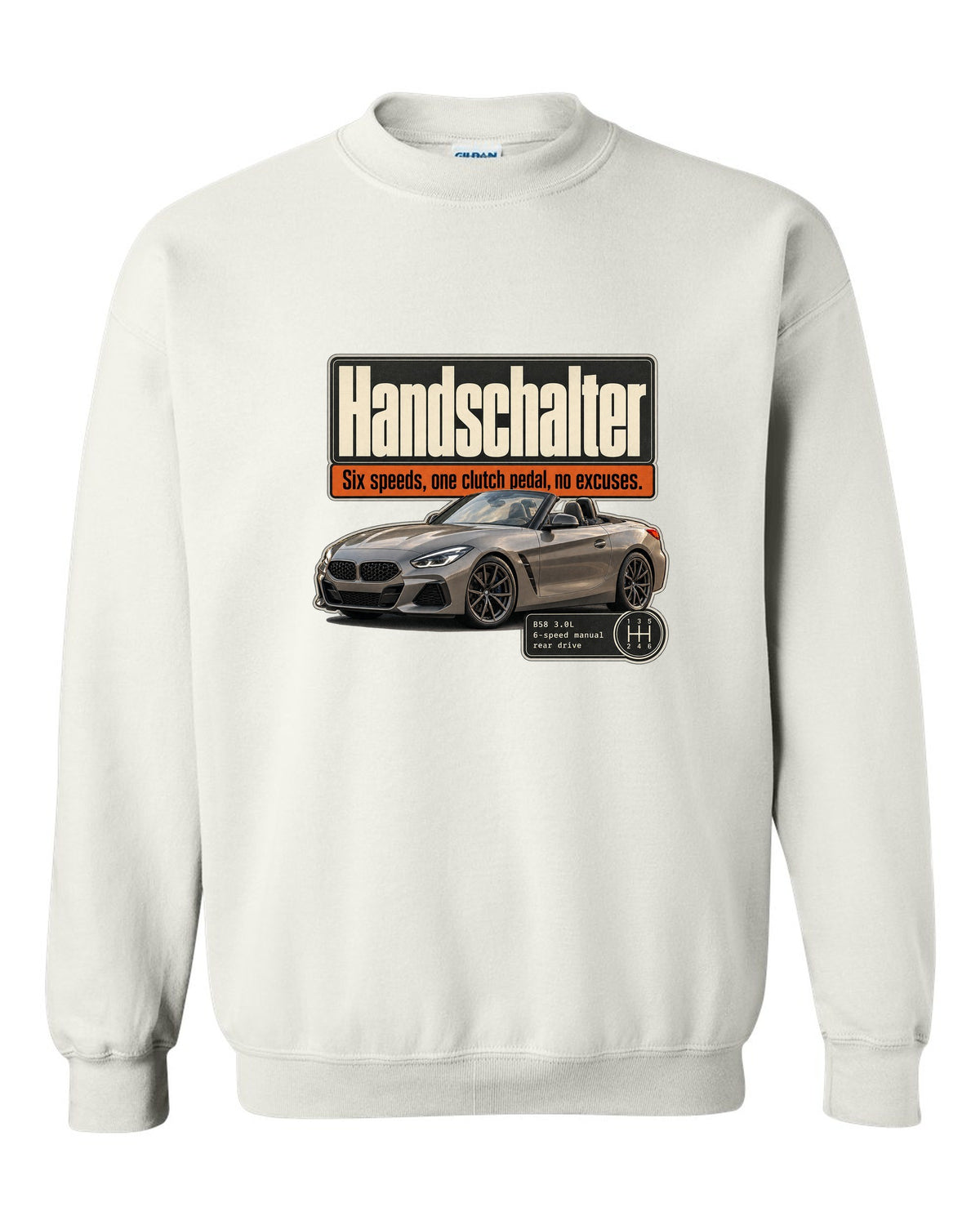 Editorial print for the BMW Z4 M40i six-speed manual labelled Handschalter white crewneck front view with the design