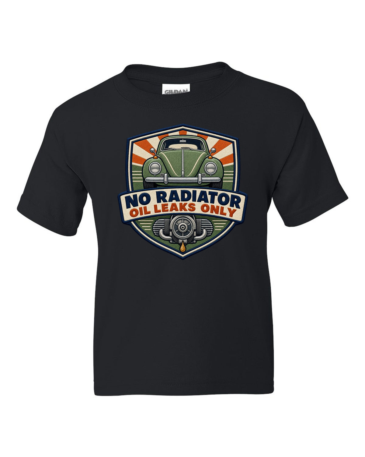 Shield crest for the VW Beetle Type 1 1303 reading no radiator, oil leaks only black kids tee front view with the design
