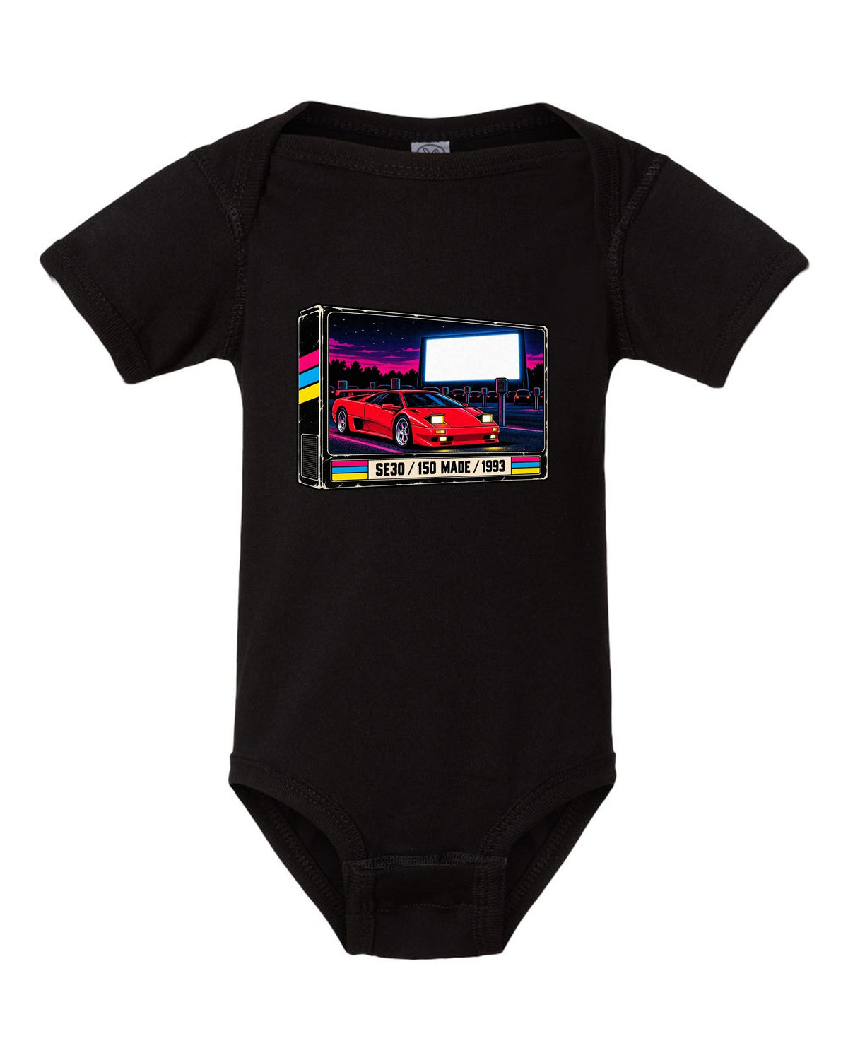VHS cassette packaging style print of a 1993 Lamborghini Diablo SE30 with 150 made lettering black baby onesie front view with the design