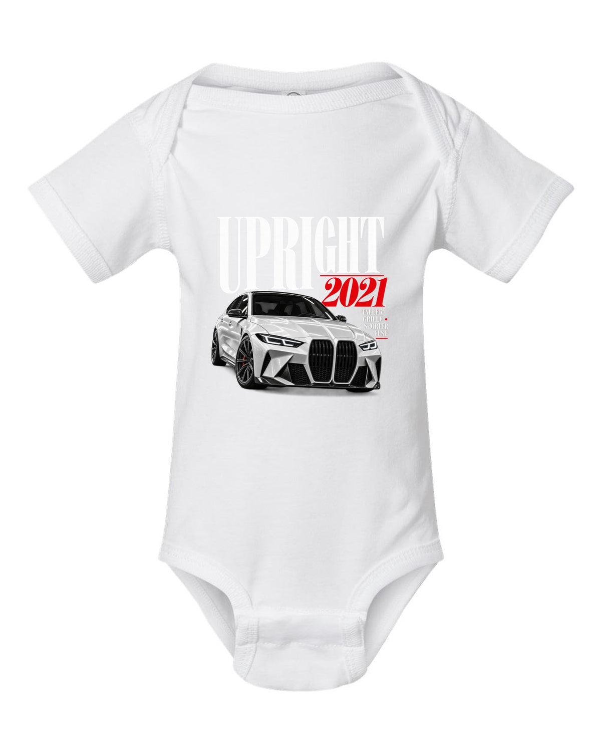 BMW G80 M3 editorial print with upright 2021 headline and grille tagline white baby onesie front view with the design