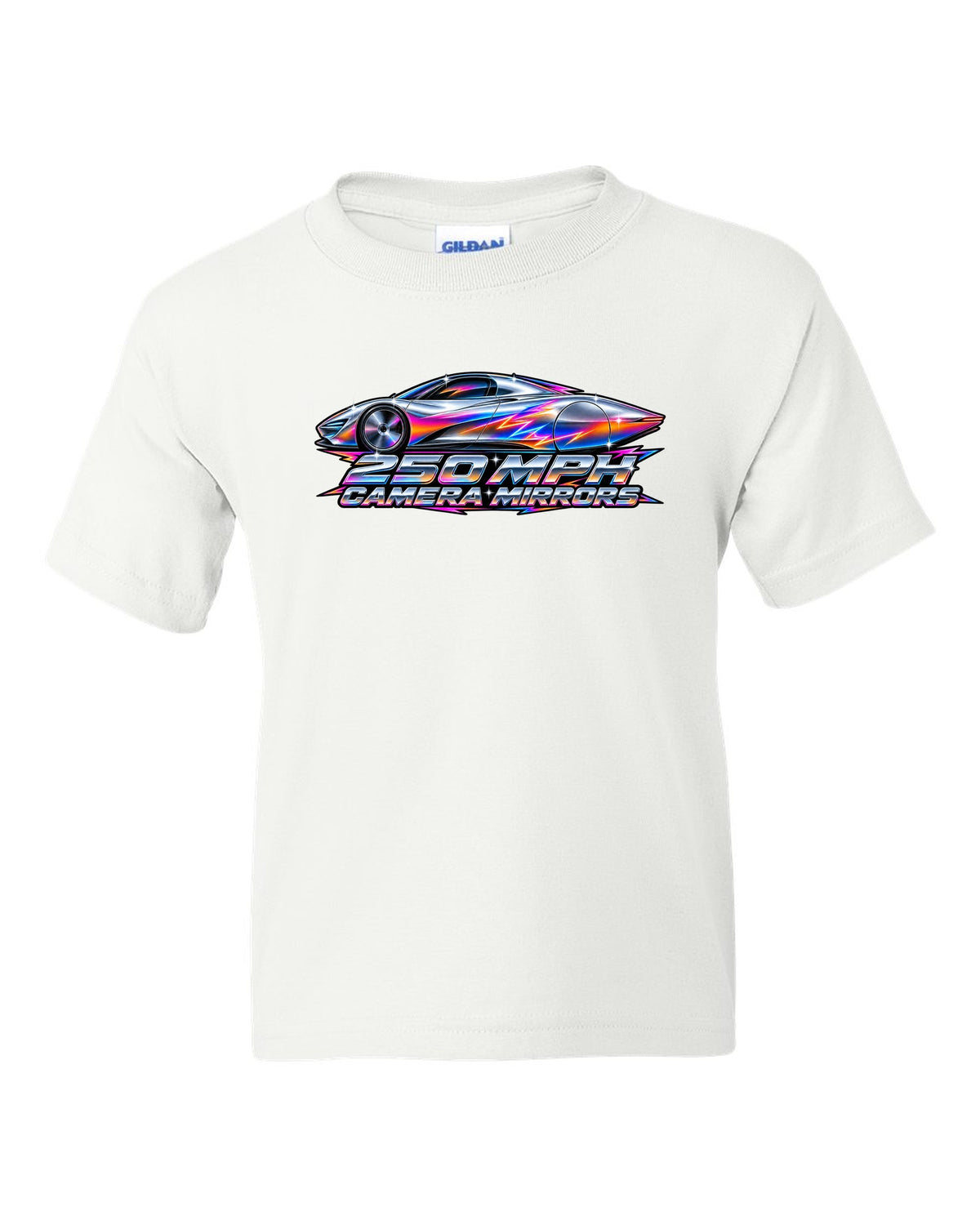 McLaren Speedtail in 80s airbrush chrome style with 250 MPH and camera mirrors lettering white kids tee front view with the design