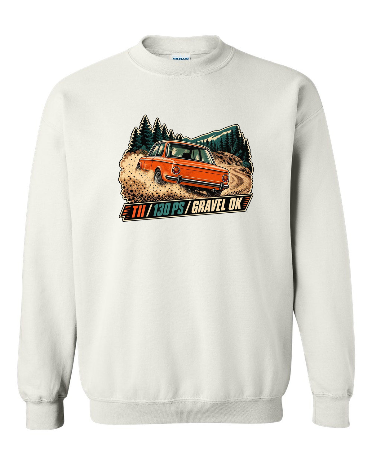 BMW 2002 tii vintage hillclimb race poster print with 130 PS text white crewneck front view with the design