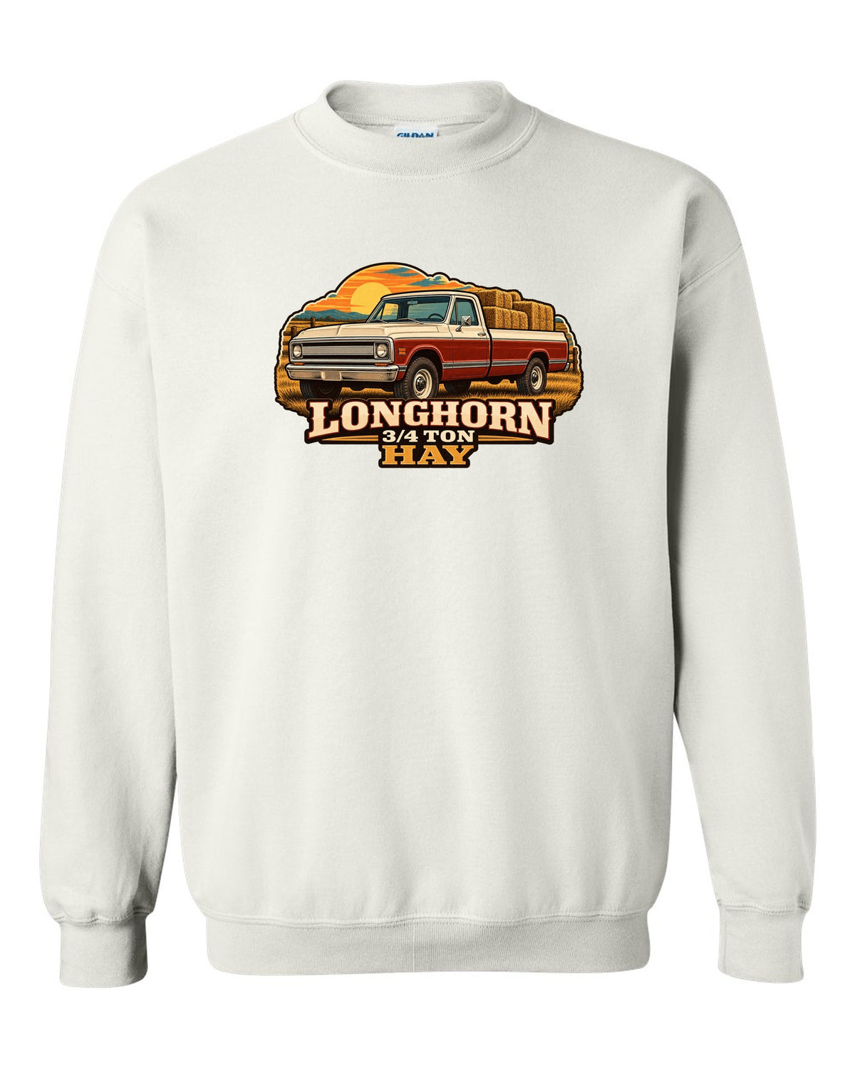 Vintage dealer-ad print of a 1967-72 Chevrolet C20 Longhorn with Longhorn 3/4 Ton Hay text white crewneck front view with the design
