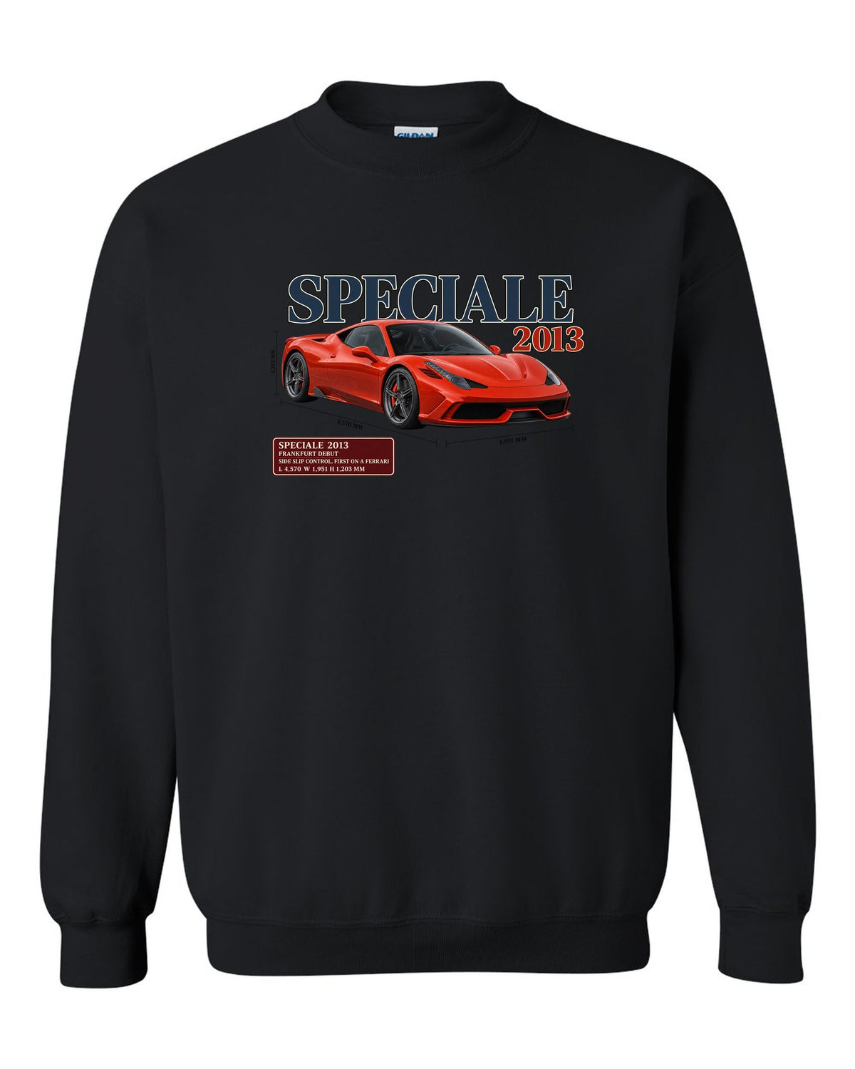 Archive panel print of the Ferrari 458 Speciale in red-orange black crewneck front view with the design