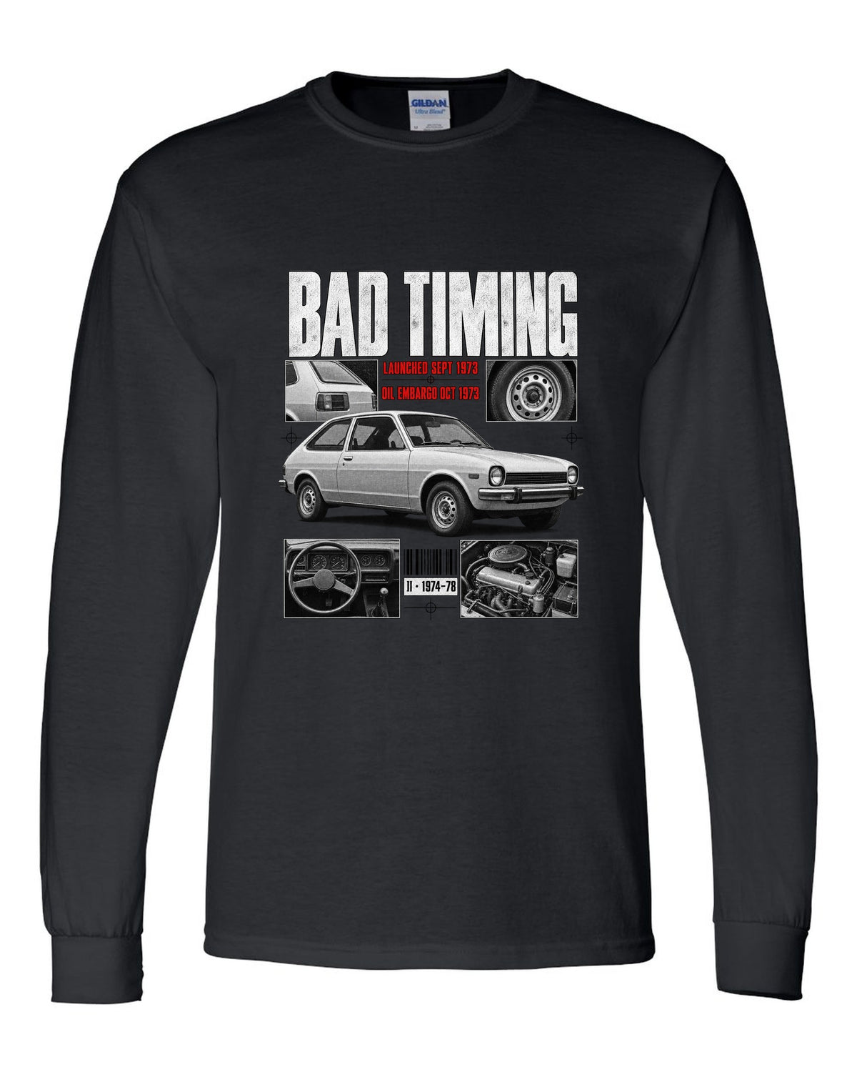 Dossier panel illustration of a 1974 Ford Mustang II chback with bad timing lettering black long sleeve front view with the design