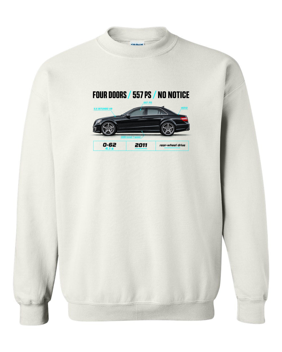 print spec poster of a 2011 Mercedes E63 AMG W212 sedan with text Four Doors 557 PS No Notice white crewneck front view with the design