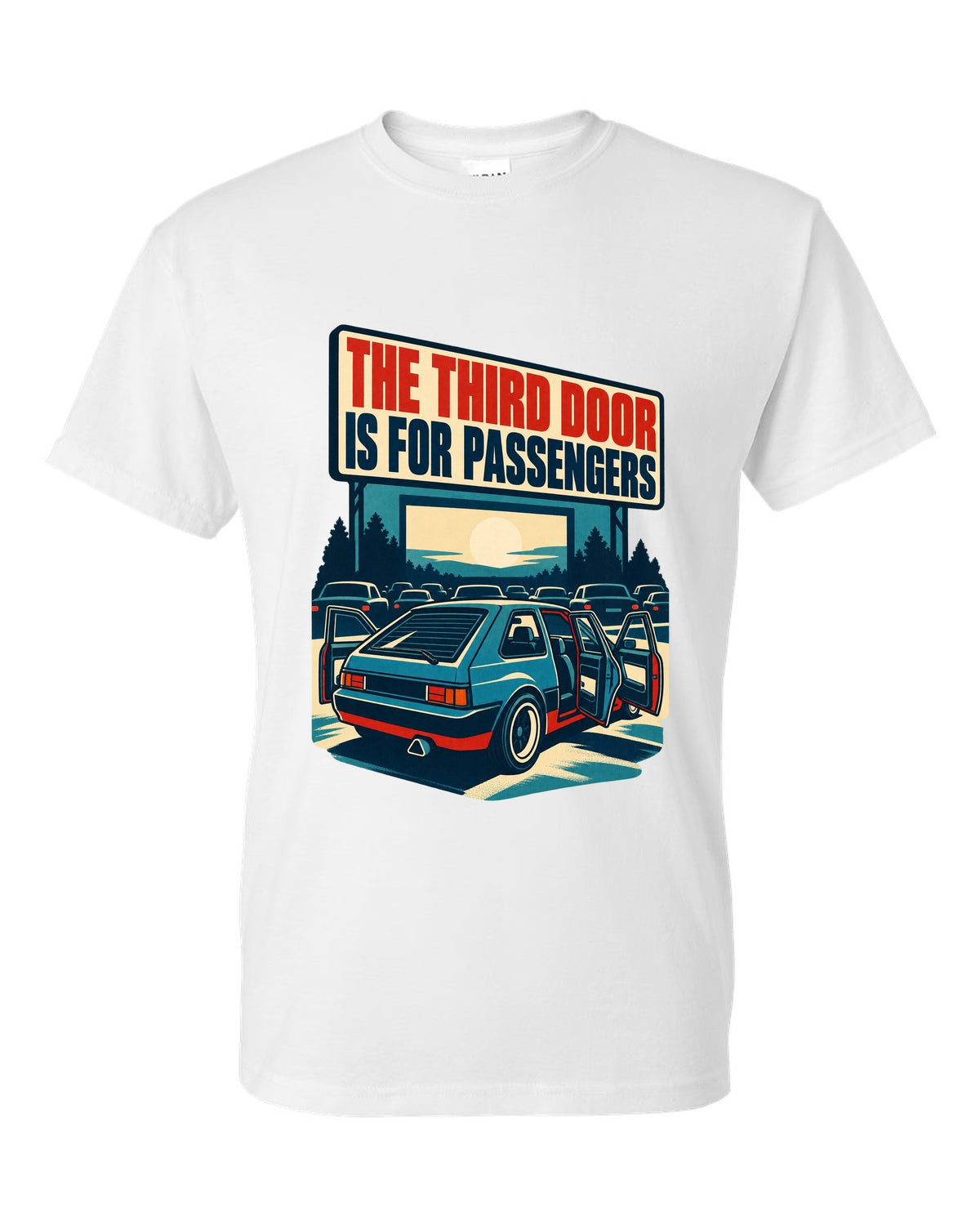 1960s litho race poster print of a Hyundai Veloster N JS with third door text white t-shirt front view with the design