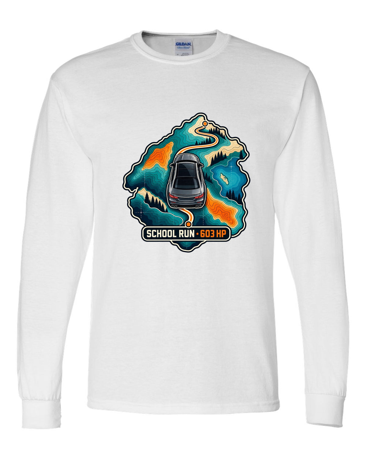 Topographic route map graphic reading School Run 603 HP for a Mercedes E63 W213, print white long sleeve front view with the design