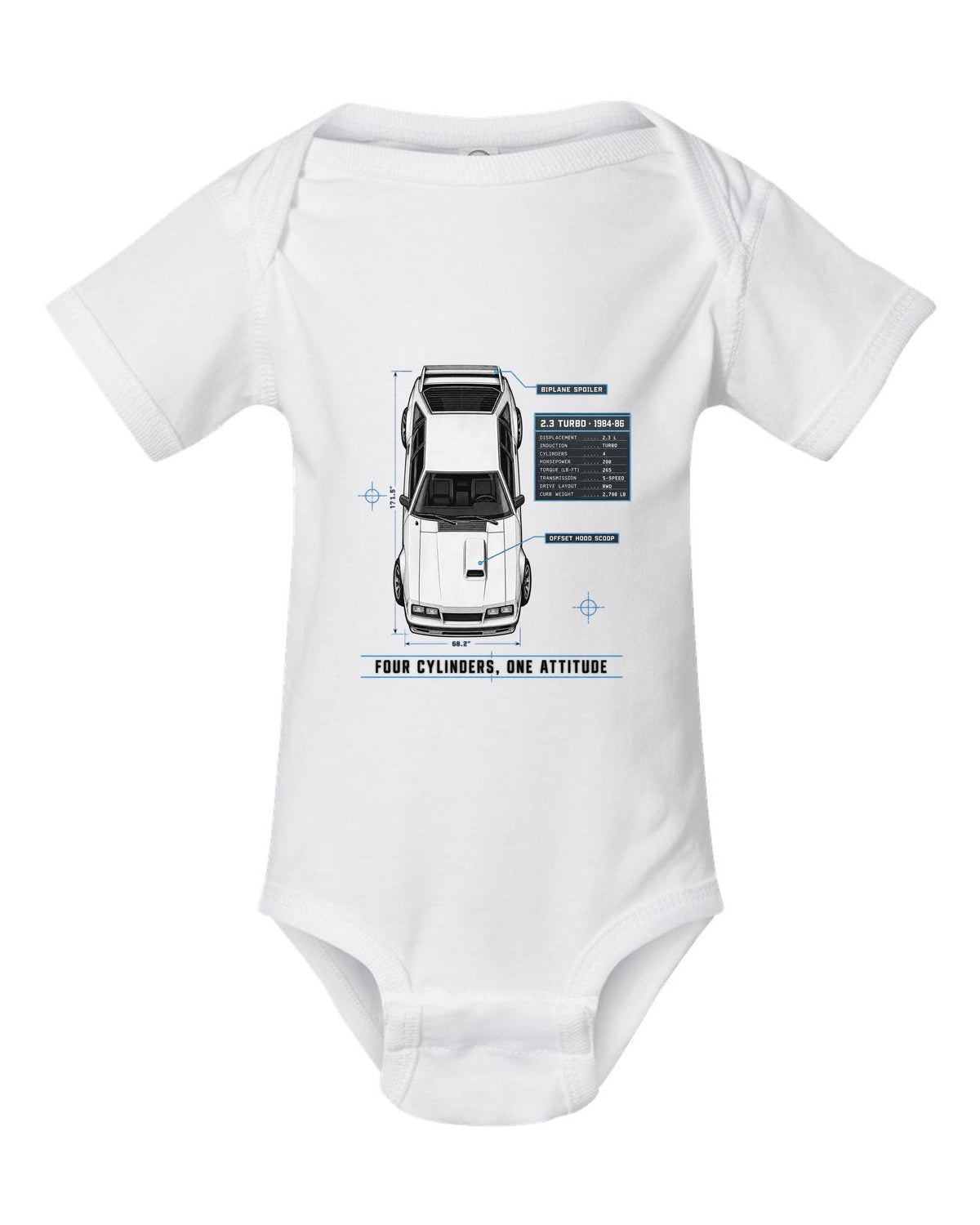 Spec poster print of a 1984-86 Fox Body Mustang 2.3 turbo chback white baby onesie front view with the design