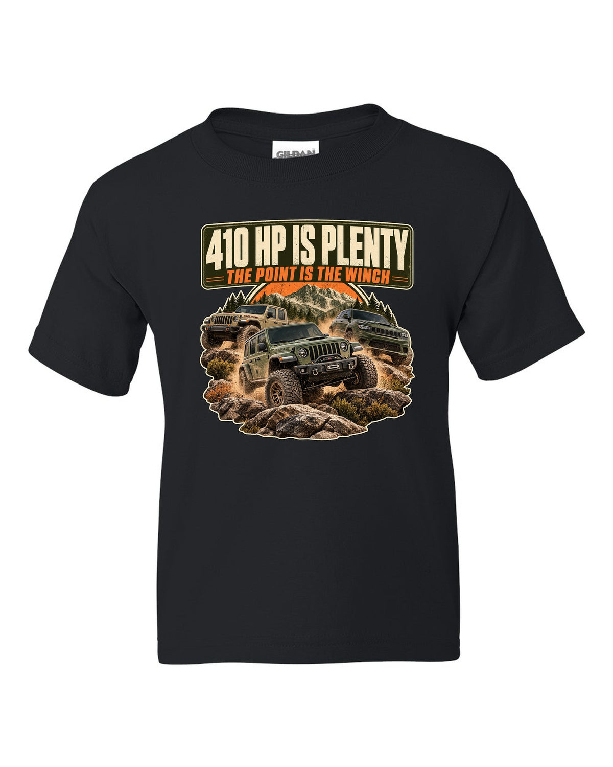 Editorial headline print for the Ram 2500 Power Wagon 6.4L V8 about horsepower and the winch black kids tee front view with the design