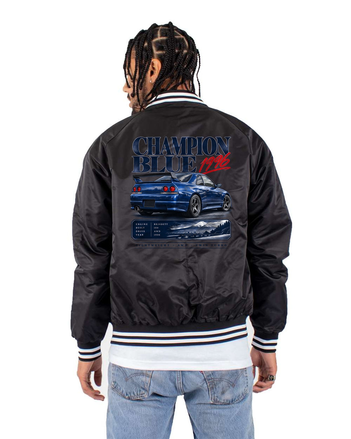 Skyline GT-R R33 LM Limited Champion Blue Archive Tee Bomber Jacket Black back