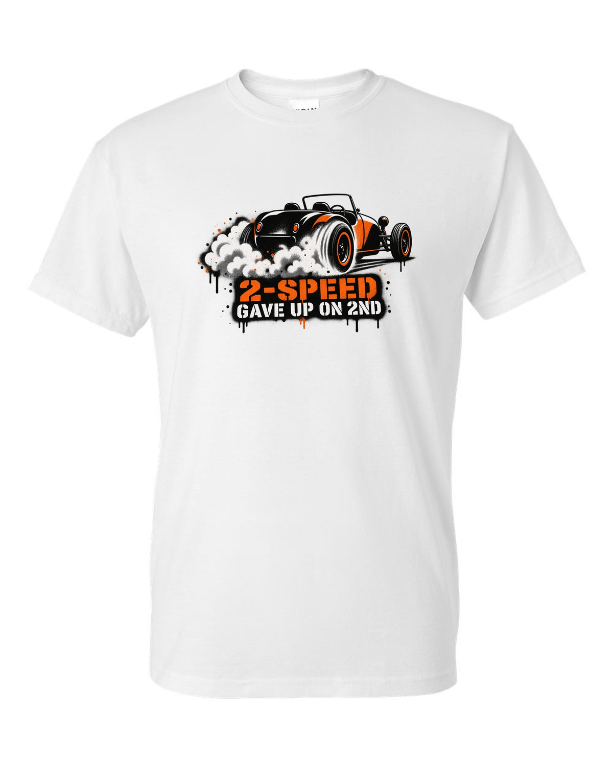 Spray stencil street art print of a Tesla Roadster Gen 1 reading 2-Speed Gave Up on 2nd white t-shirt front view with the design
