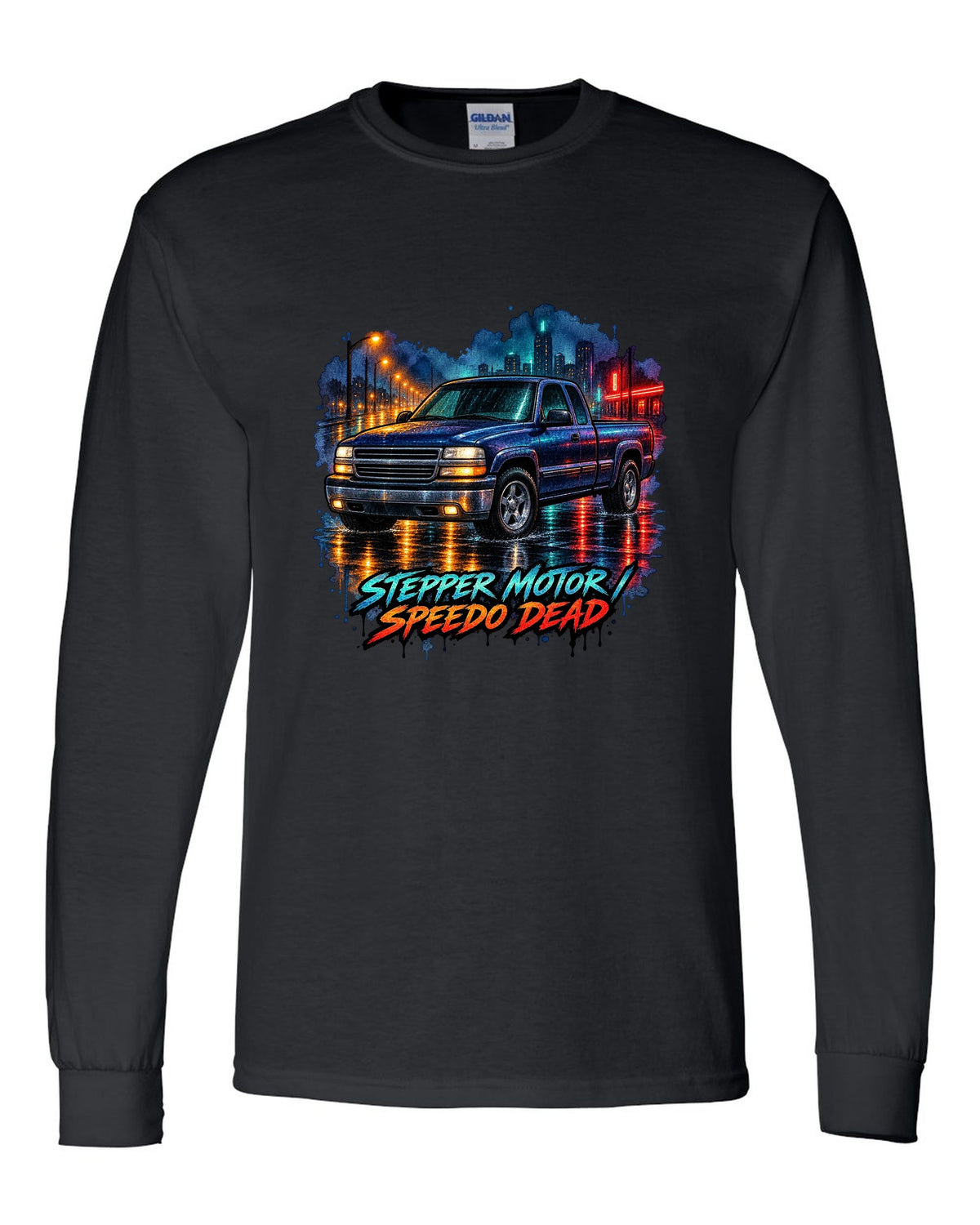 Watercolor wet-road night print of a 1999-2006 Chevrolet GMT800 NBS Silverado with stepper motor speedo dead lettering black long sleeve front view with the design
