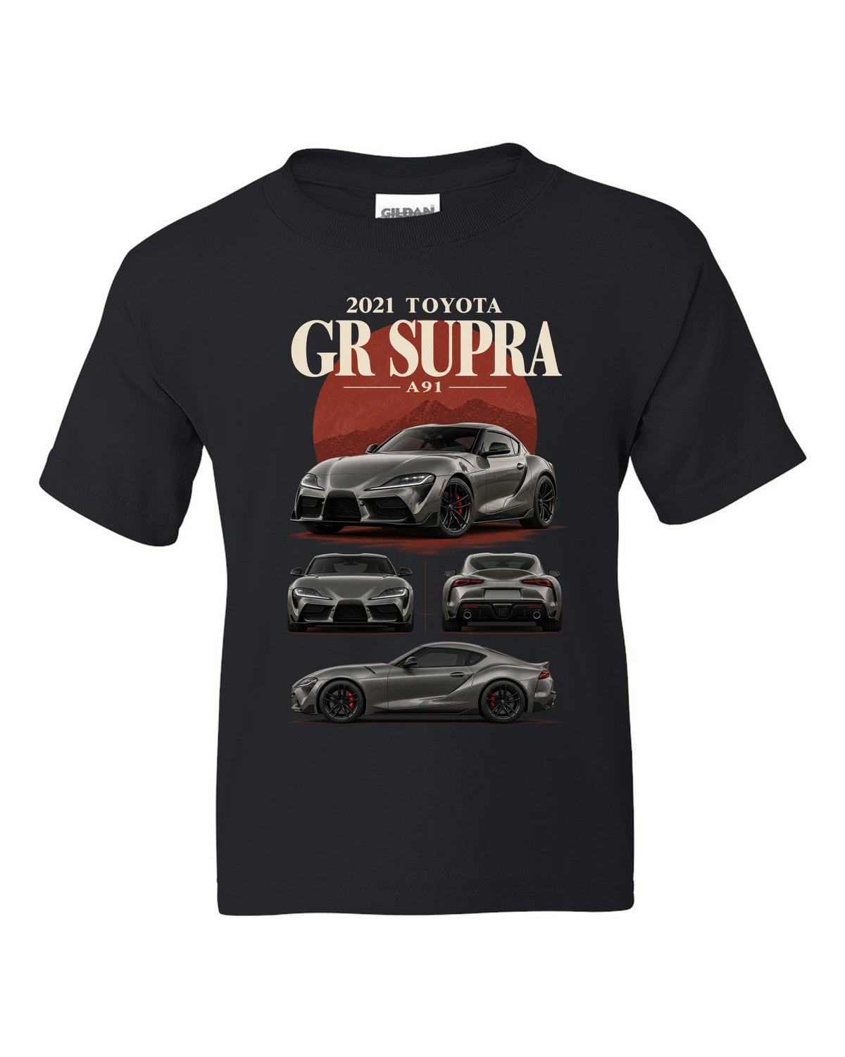 Graphite halftone front three-quarter of the Toyota GR Supra A90 with Made in Graz text black kids tee front view with the design