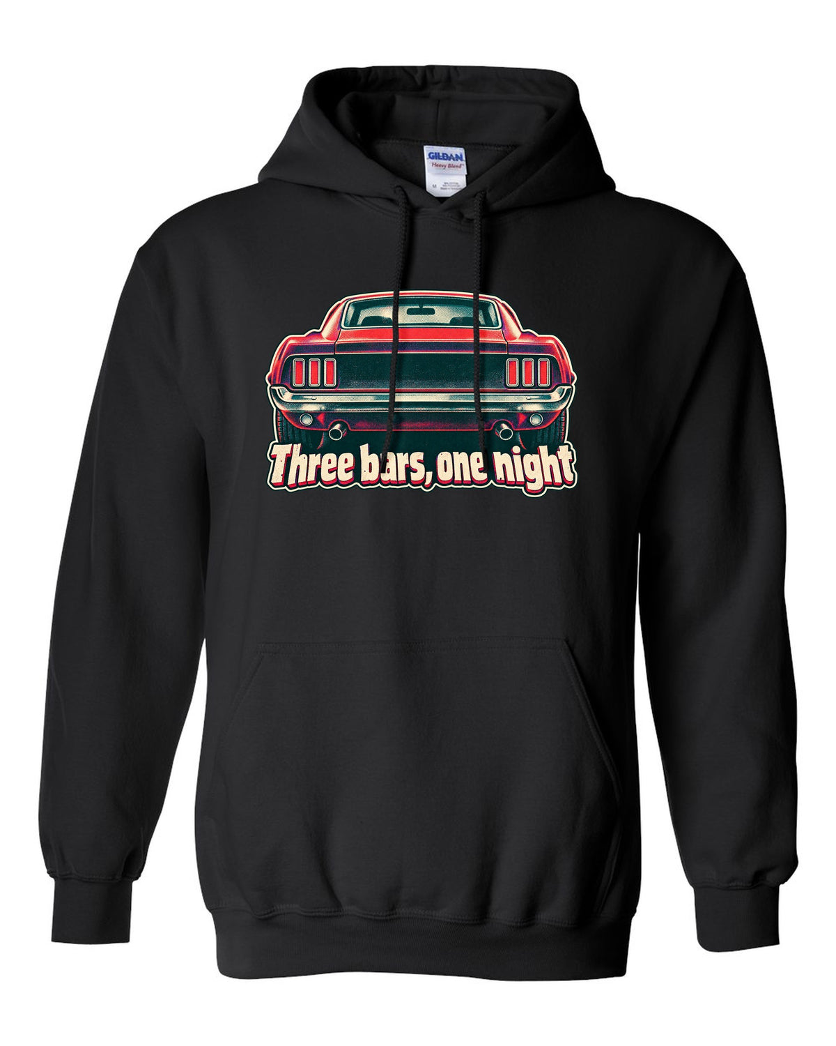 Risograph halftone print of the 1969 Ford Mustang fastback taillights with three bars black pull over hoodie front view with the design