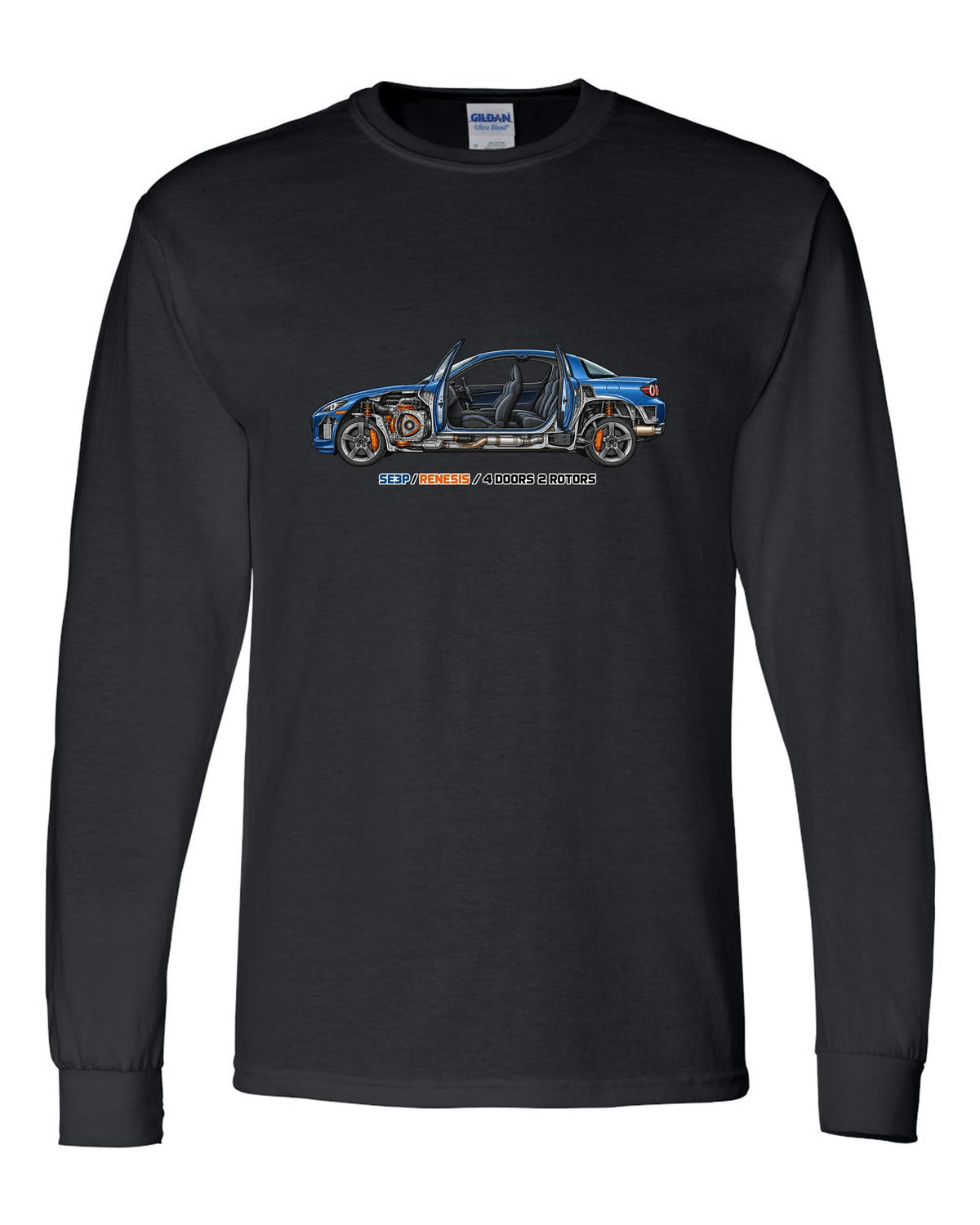 Technical cutaway illustration of the Mazda RX-8 SE3P with RENESIS and 4 DOORS 2 ROTORS lettering black long sleeve front view with the design