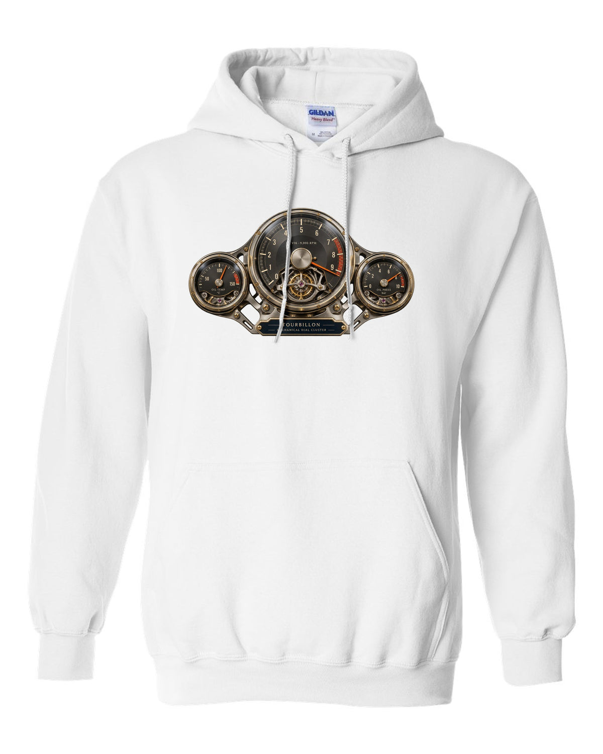 Cockpit and mechanical dial cluster of the Bugatti Tourbillon, print white pull over hoodie front view with the design
