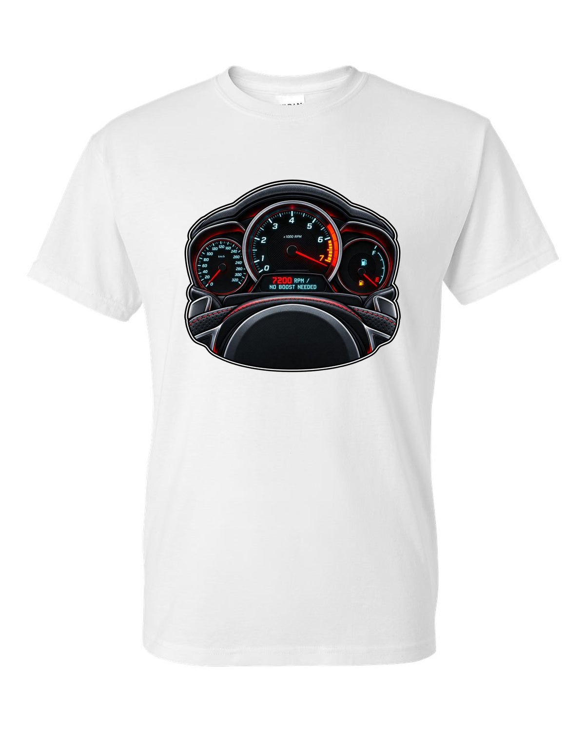 Gauge-cluster HUD print for a Mercedes C63 AMG W204 with 7200 RPM white t-shirt front view with the design