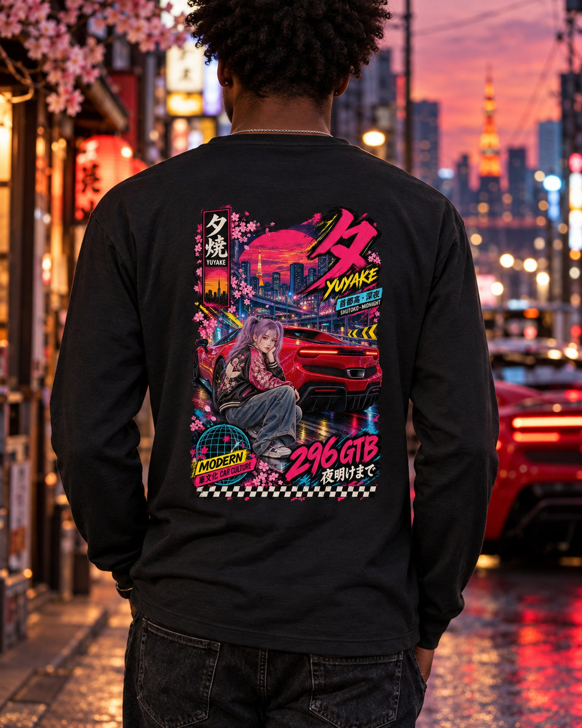 YUYAKE 296 GTB Anime Girl Full-Back Graphic Tee Long Sleeve Black worn hero