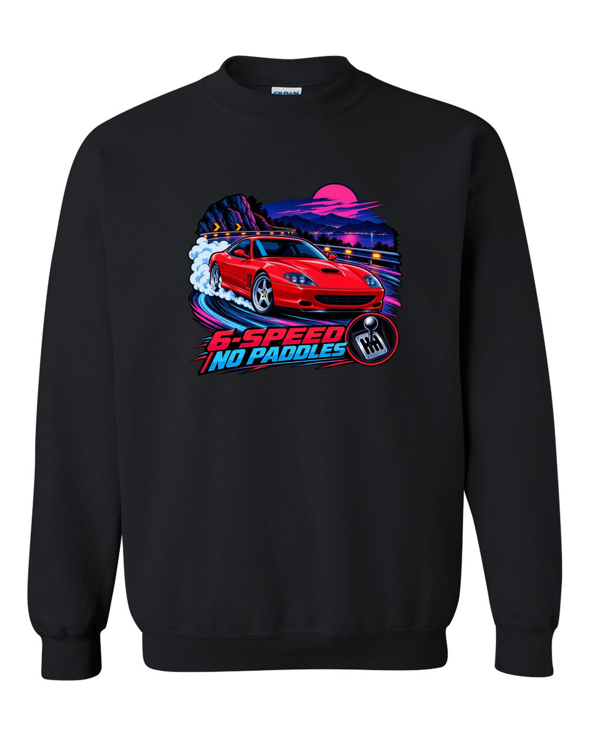 Cel-shaded anime night touge print of a Ferrari 550 Maranello with 6-Speed No Paddles lettering black crewneck front view with the design