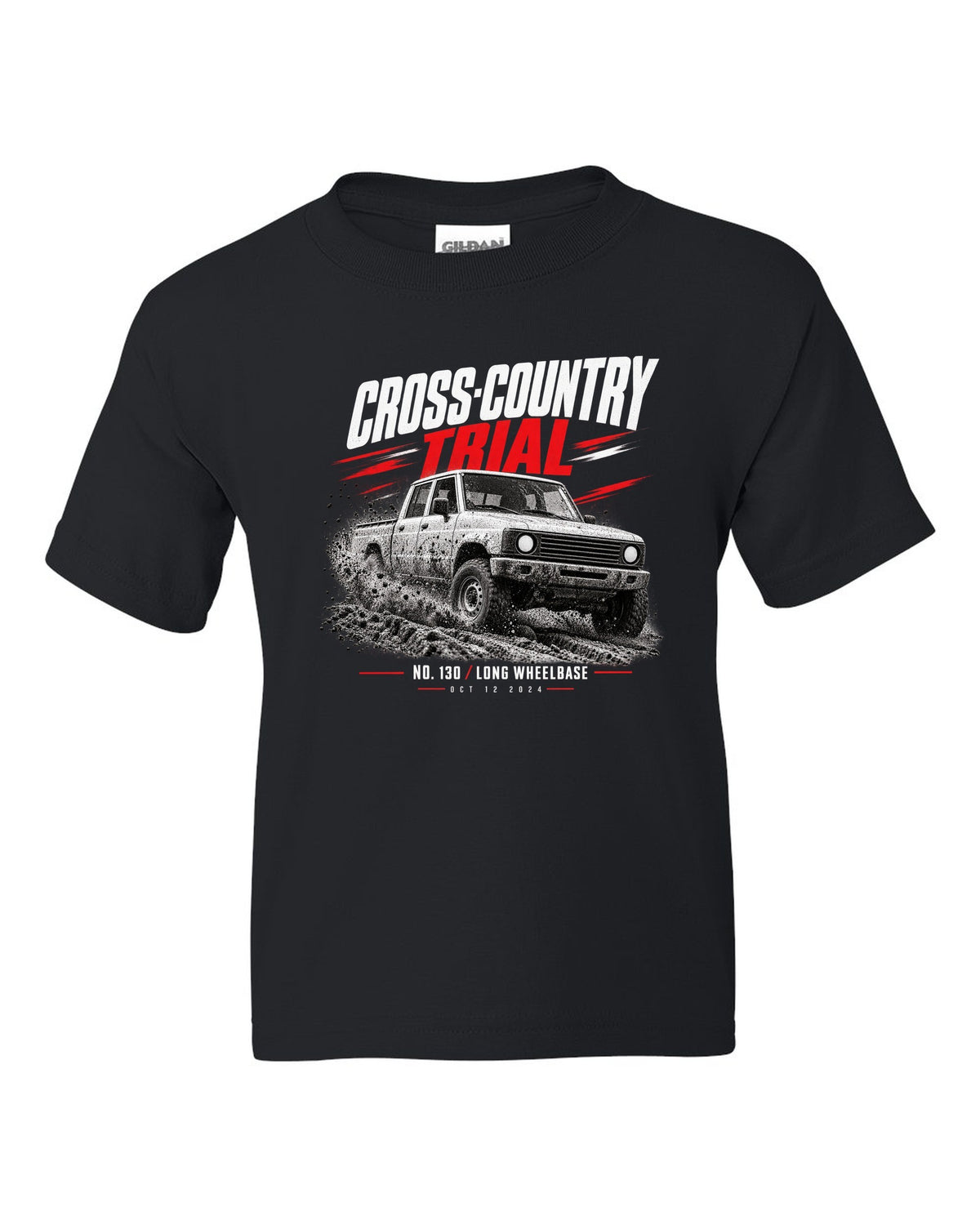 Land Rover Defender 130 cross-country trial race poster print black kids tee front view with the design