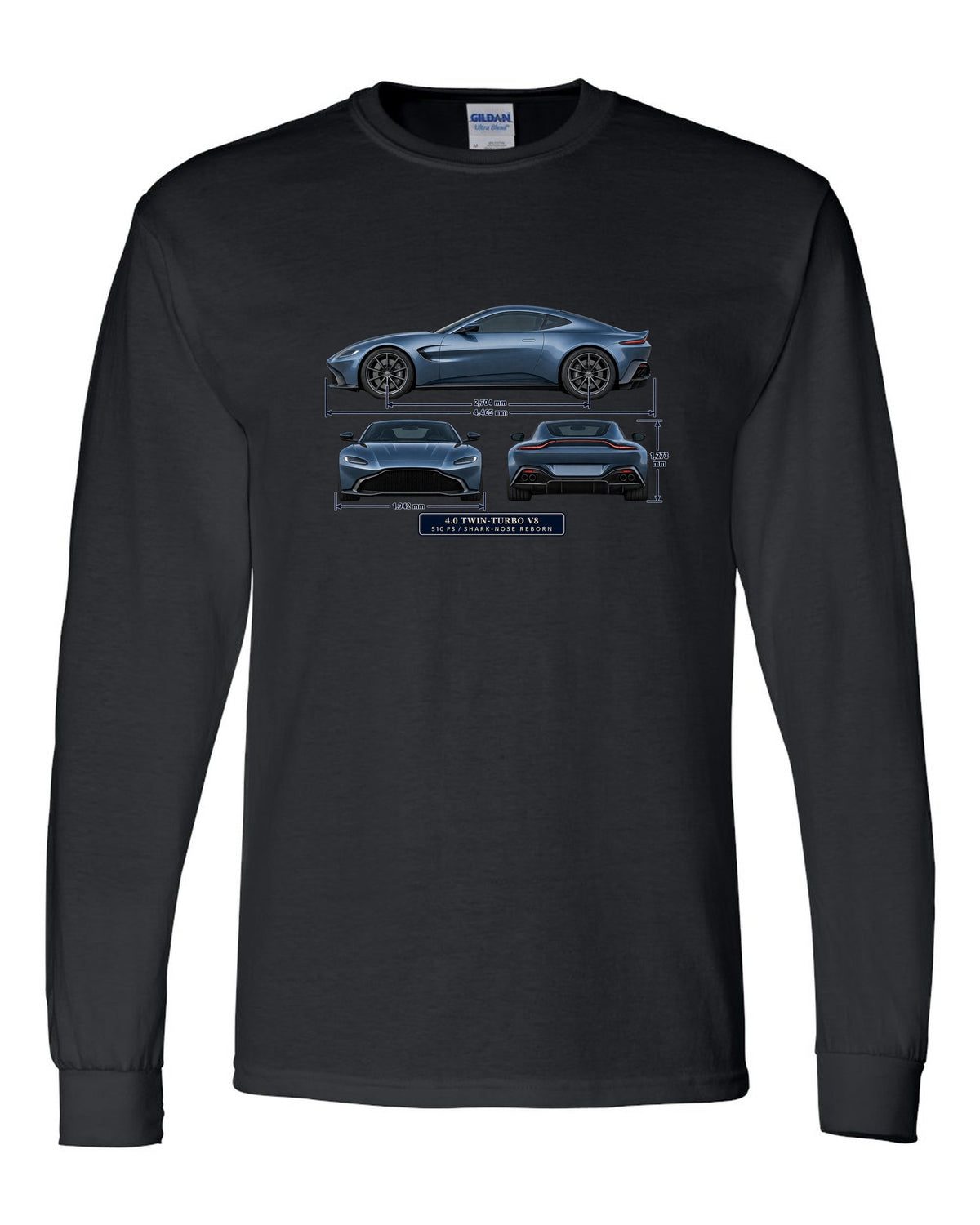 Aston Martin Vantage 2018 three-view print with 4.0 twin-turbo V8 510 PS spec table black long sleeve front view with the design