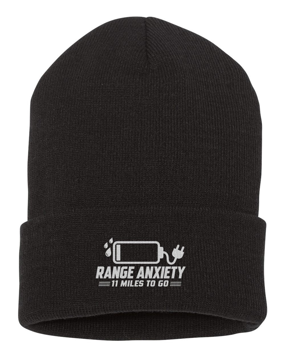 Funny Range Anxiety Ev Shirt For Car Guys black beanie front view with car name