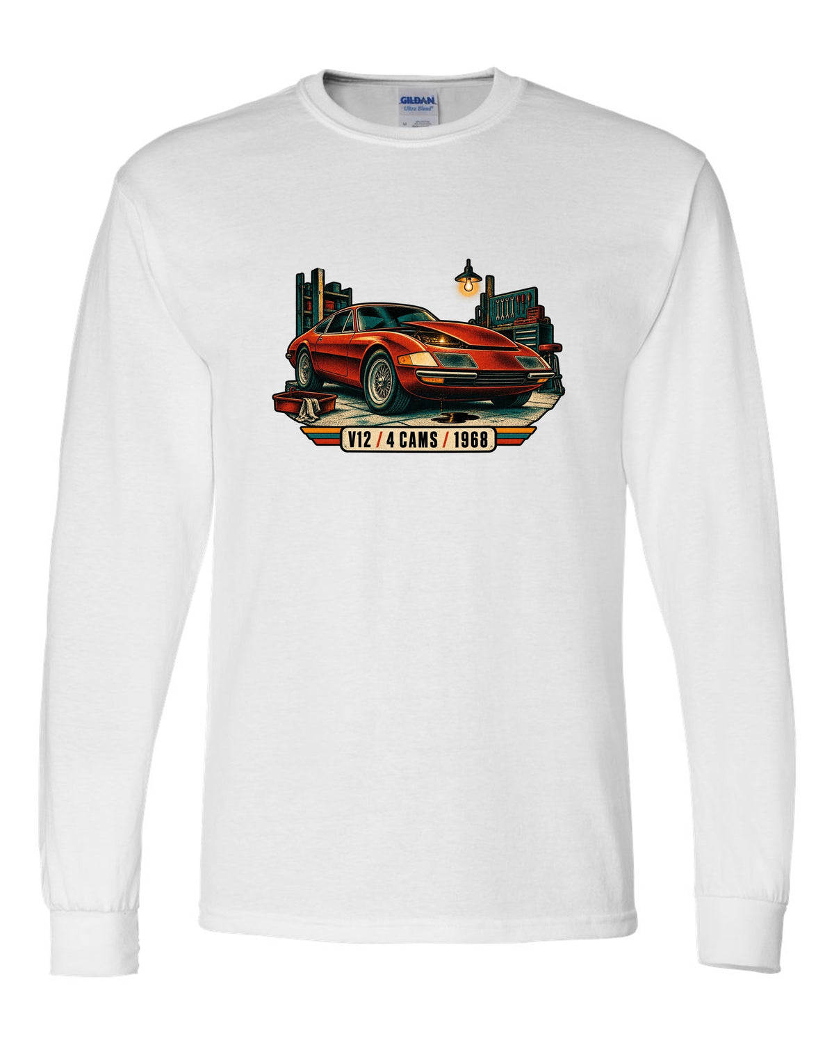 Risograph spot colour print of a Ferrari 365 GTB/4 Daytona in a garage with V12 4 Cams 1968 lettering white long sleeve front view with the design