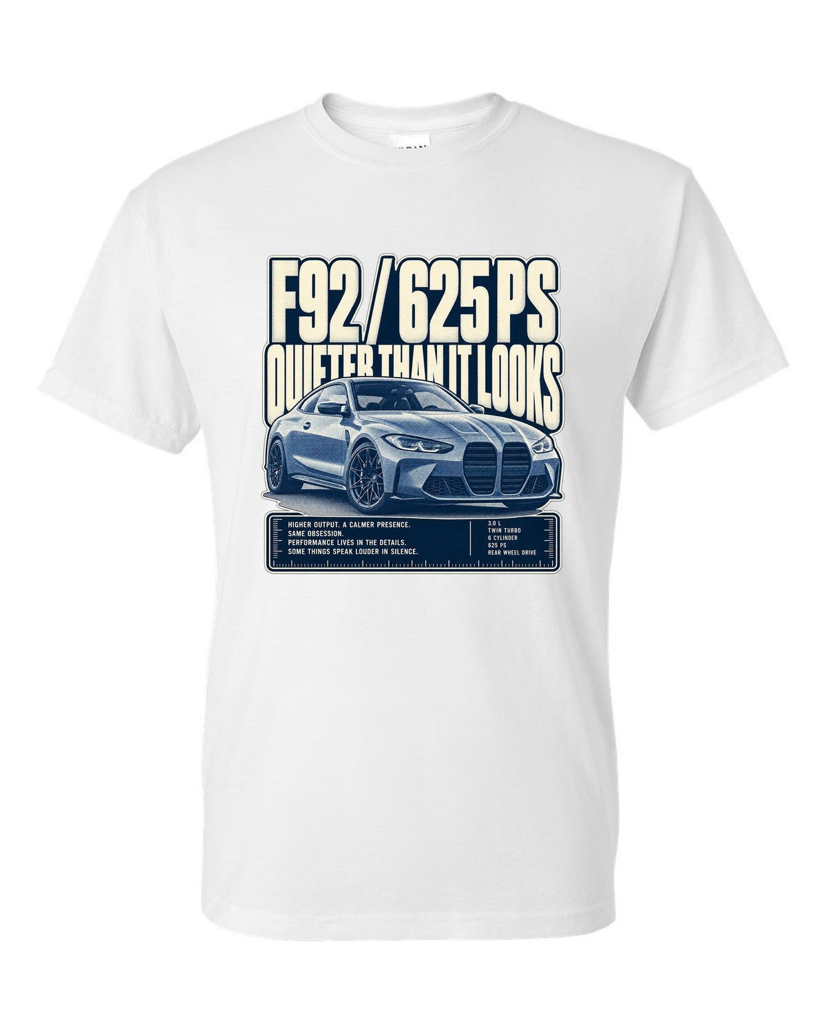 BMW M8 Competition F92 halftone statement print on a tee white t-shirt front view with the design