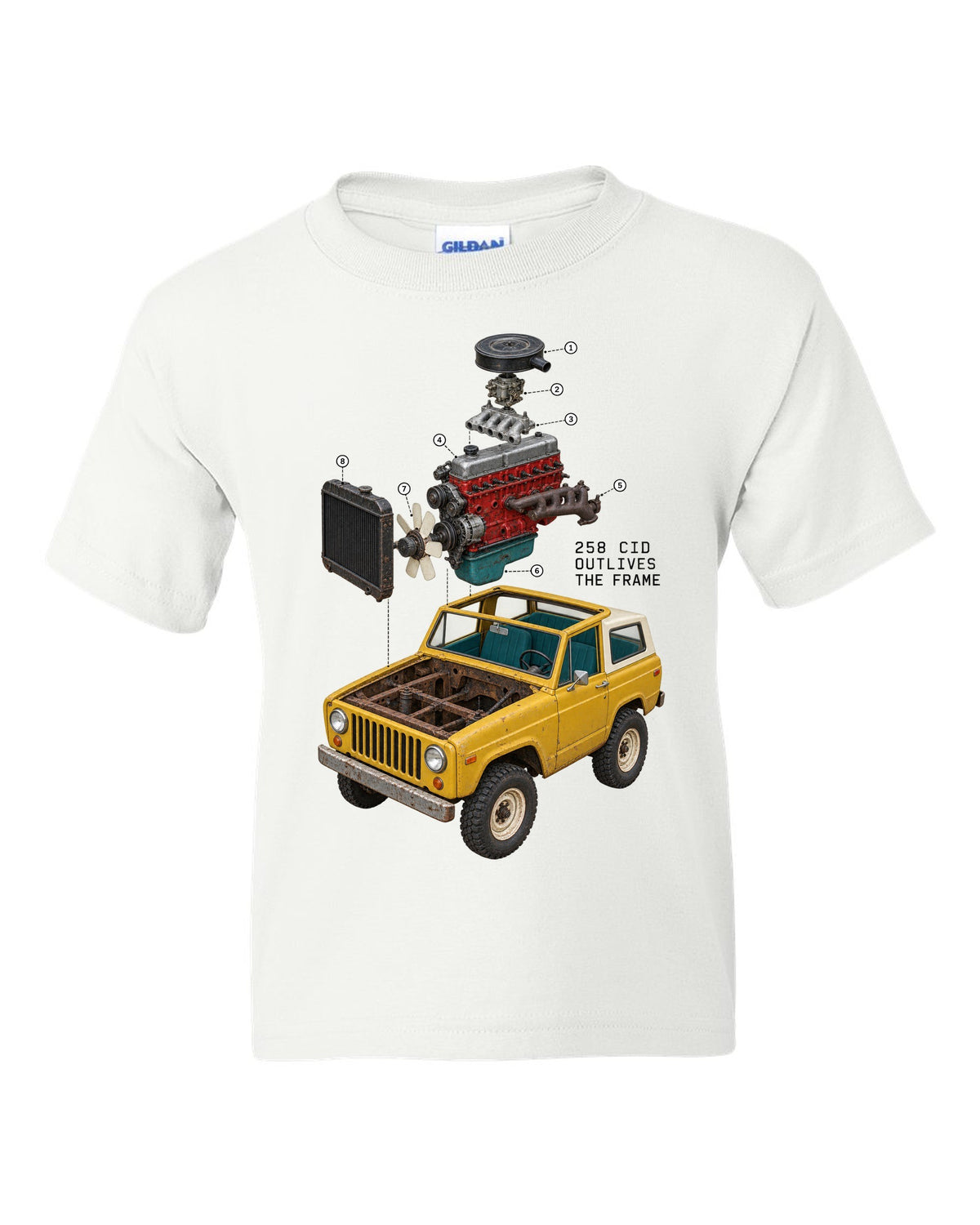 Exploded cutaway engine print of a Jeep CJ-7 258 CID inline-six white kids tee front view with the design