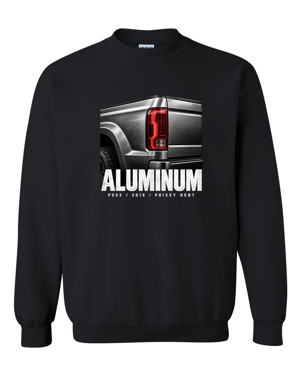 Macro print of a 2015-20 Ford F-150 P552 tailgate with aluminum and pricey dent text black crewneck front view with the design