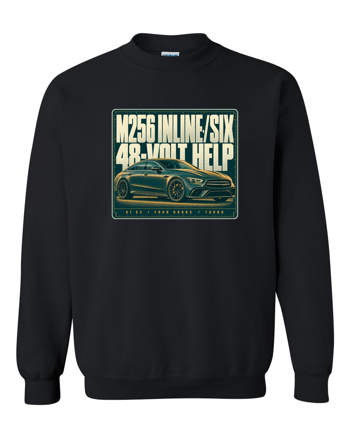 Mercedes-AMG GT 53 4-Door X290 teal and amber halftone print black crewneck front view with the design