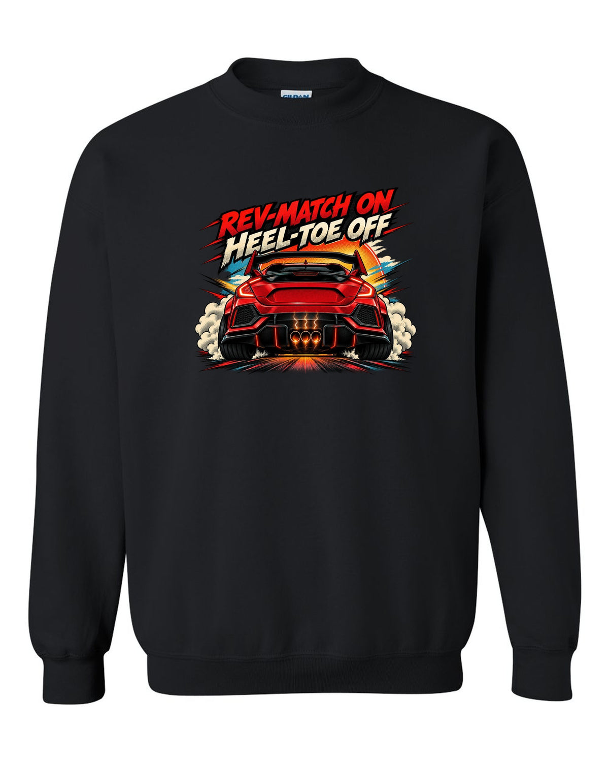 Halftone comic style Honda Civic Type R FK8 print with rev-match joke black crewneck front view with the design